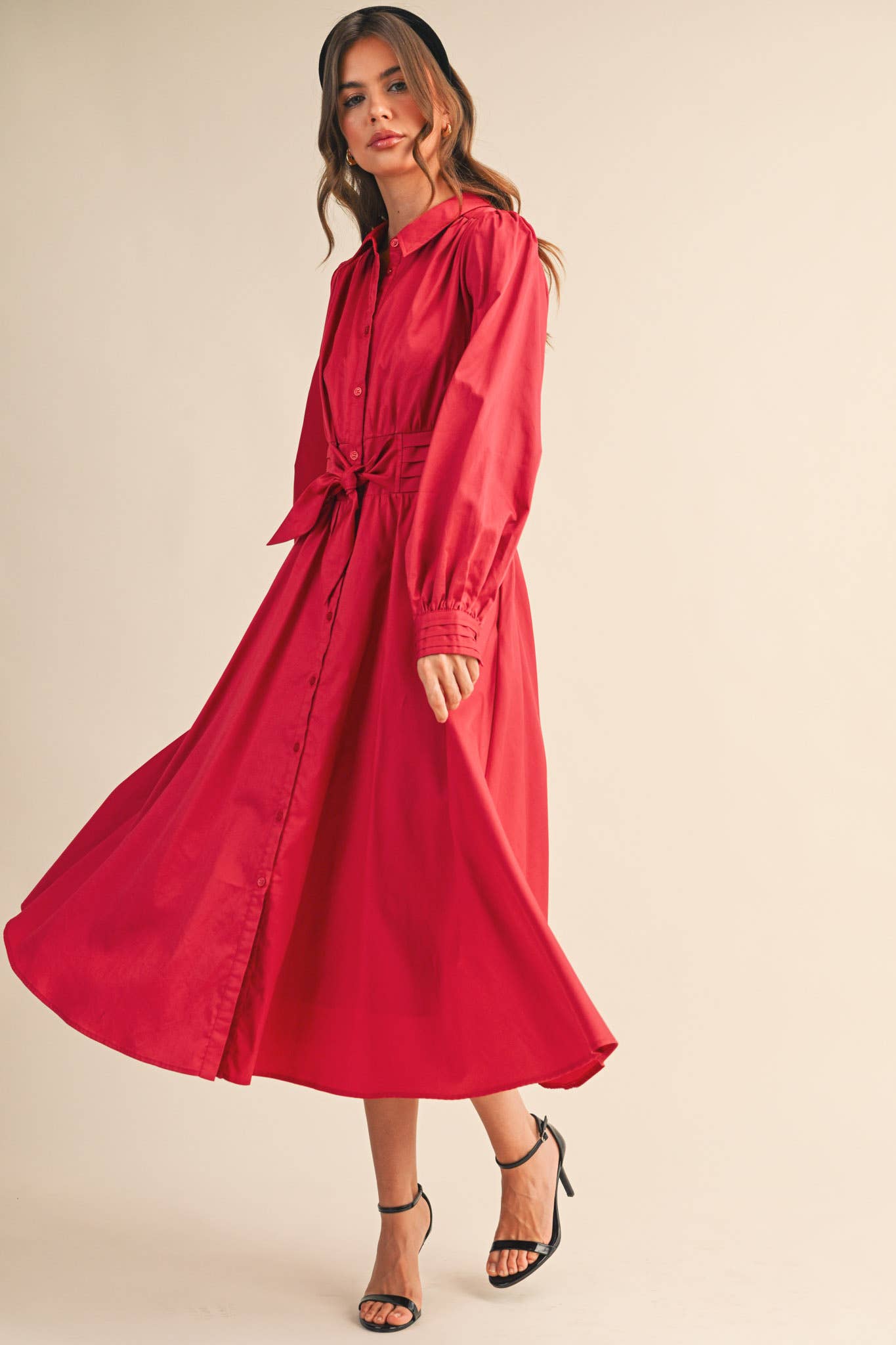 &MERCI - Wholesale Dress - Women's - PINTUCK WAIST TIE FRONT MIDI DRESS MDR421933