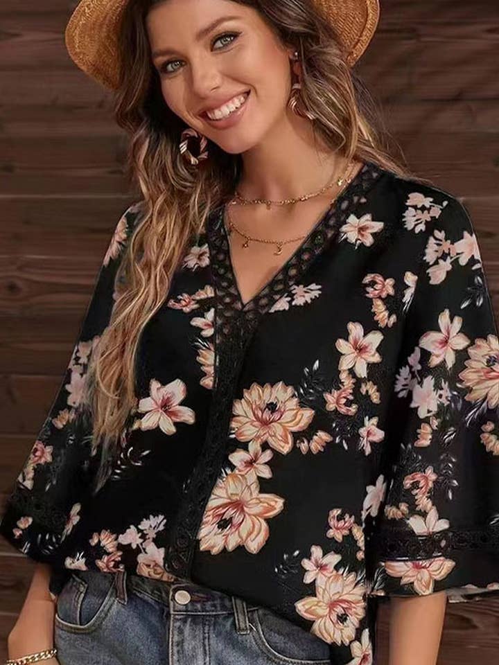 NINEXIS - Wholesale Blouse - Women's - CWTBLS2037_LOOSE FIT V-NECK BELL SLEEVE LACE CHIFFON TOP