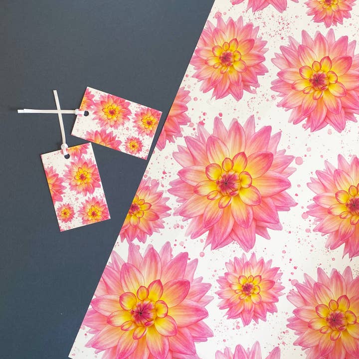 Gift wrap and tag set- pink dhalia gift wrapping paper for wholesale by Alex Sharp