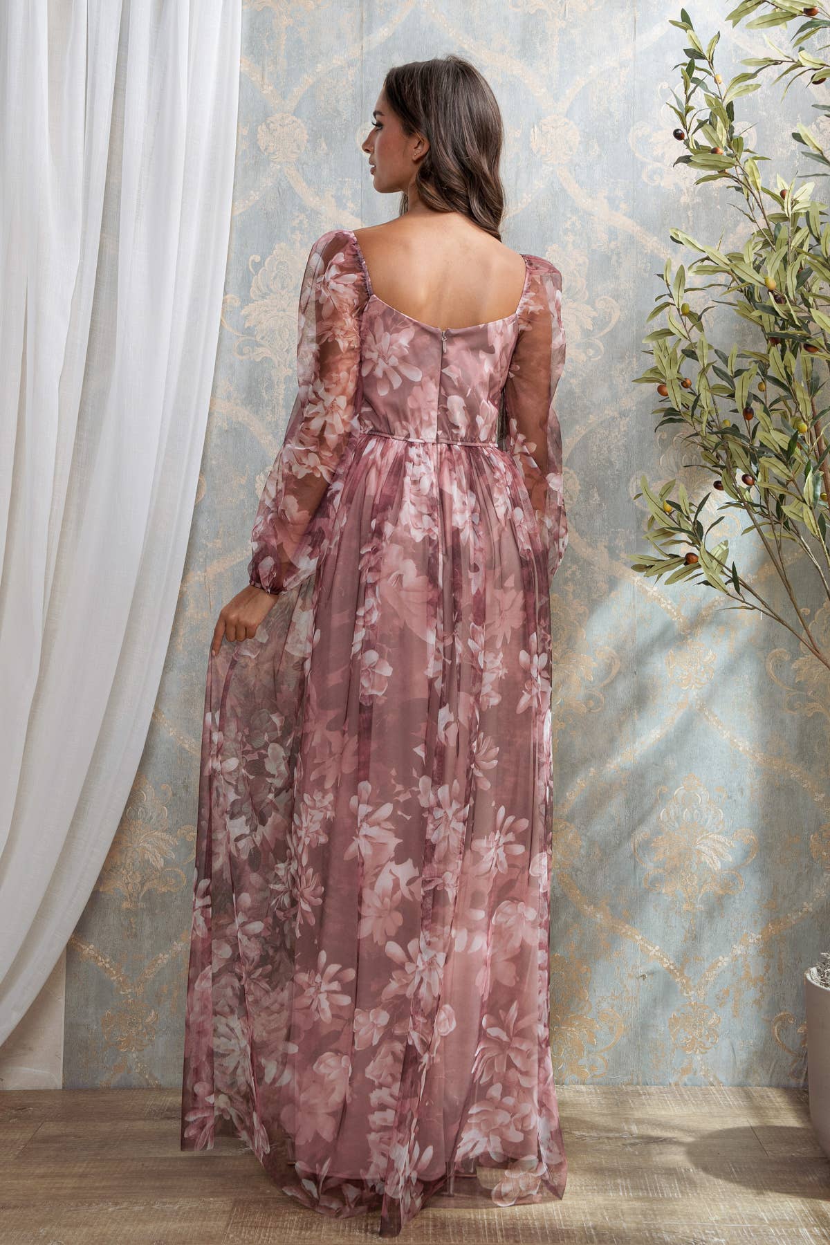 Rosemore Couture - Wholesale Gown - Women's - LONG SLEEVE FLORAL MESH PRINT MAXI 2