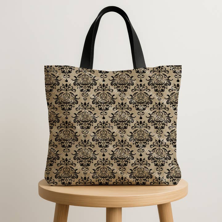 D&D Damask RPG D20 Gaming Dice Large Zipper Tote Bag for wholesale by The Geek Boutique