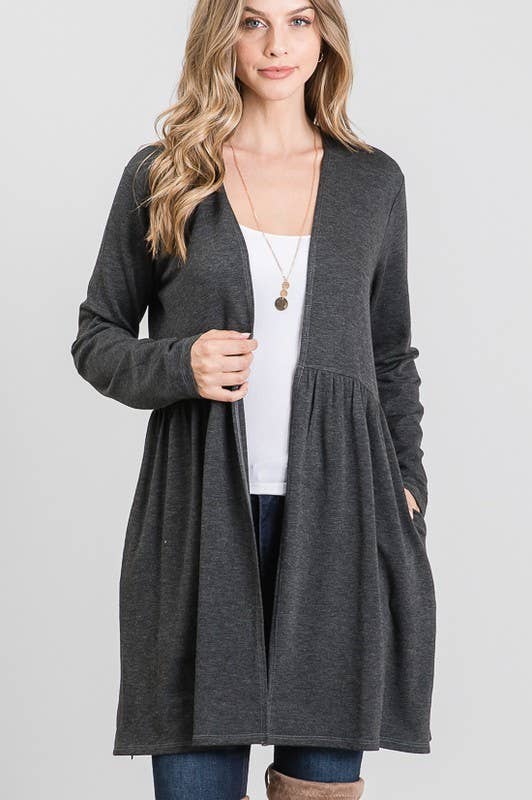 HEIMISH - Vente Cardigan – femme - CARDIGAN OUVERT À VOLANTS UNI EJ5007S AVEC POCHE LATÉRALE1