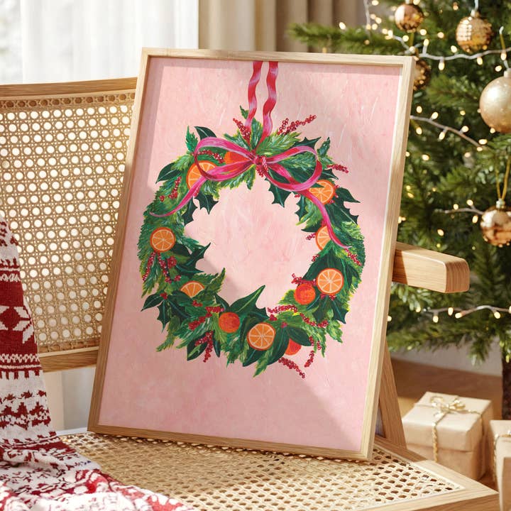 Colourful Christmas Wreath Art Print for wholesale by Violets Print House