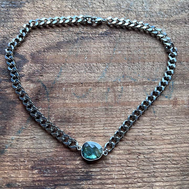 Silver Curb Chain Adjustable Necklace with Labradorite for wholesale by Carley King Jewels