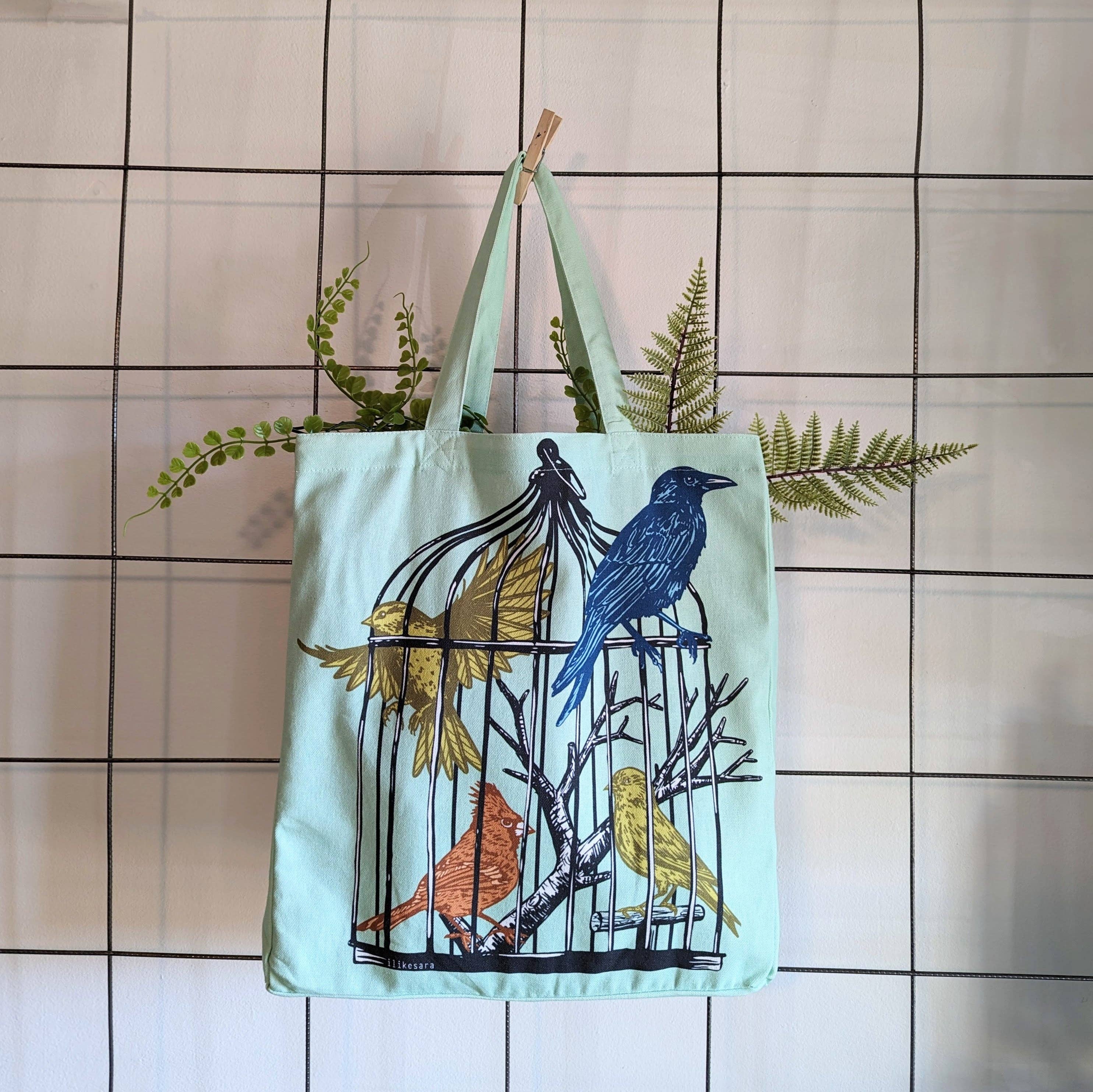 ilikesara | art + goods - Venta al por mayor Bolsa de asa- Mujer - bolsa de tela | pájaros enjaulados - bolsa de tela azul claro con serigrafía