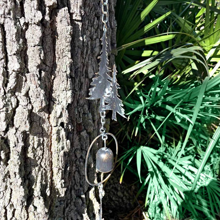 Zeckos - Wholesale Outdoor Ornament/Decor - 70-Inch Metal Rain Chain with 5 Forest Tree Silhouettes & Zen Bells, 3.25-Inch Diameter, Decorative and Functional Downspout Alternative6