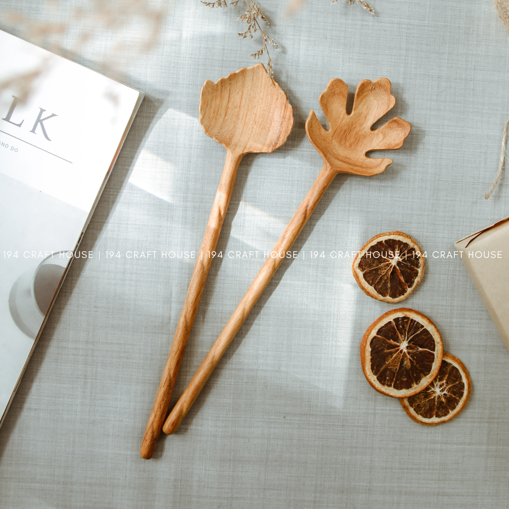 194 Craft House - Wholesale Serving Utensil - Hand Carved Leaf Shaped Wooden Spoon 10" - Serving Spoon9