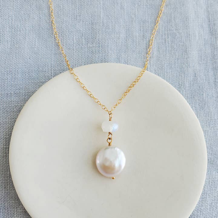 Moonstone Coin Pearl Necklace, Bridal Necklace for wholesale by Carrie Whelan Designs