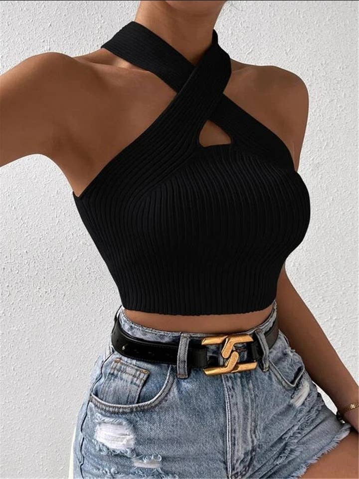 safistyle - Wholesale Knit Top - Women's - Cross Halter Ribbed Crop Top6