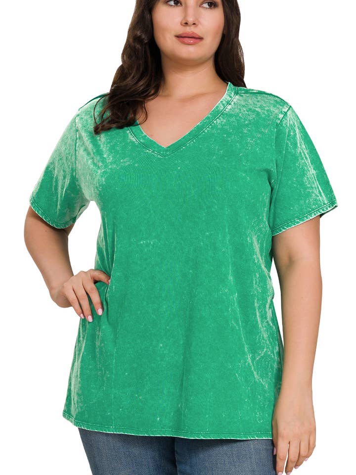 .SI-24296 Plus Washed Short Sleeve V Neck Top for wholesale by 42POPS