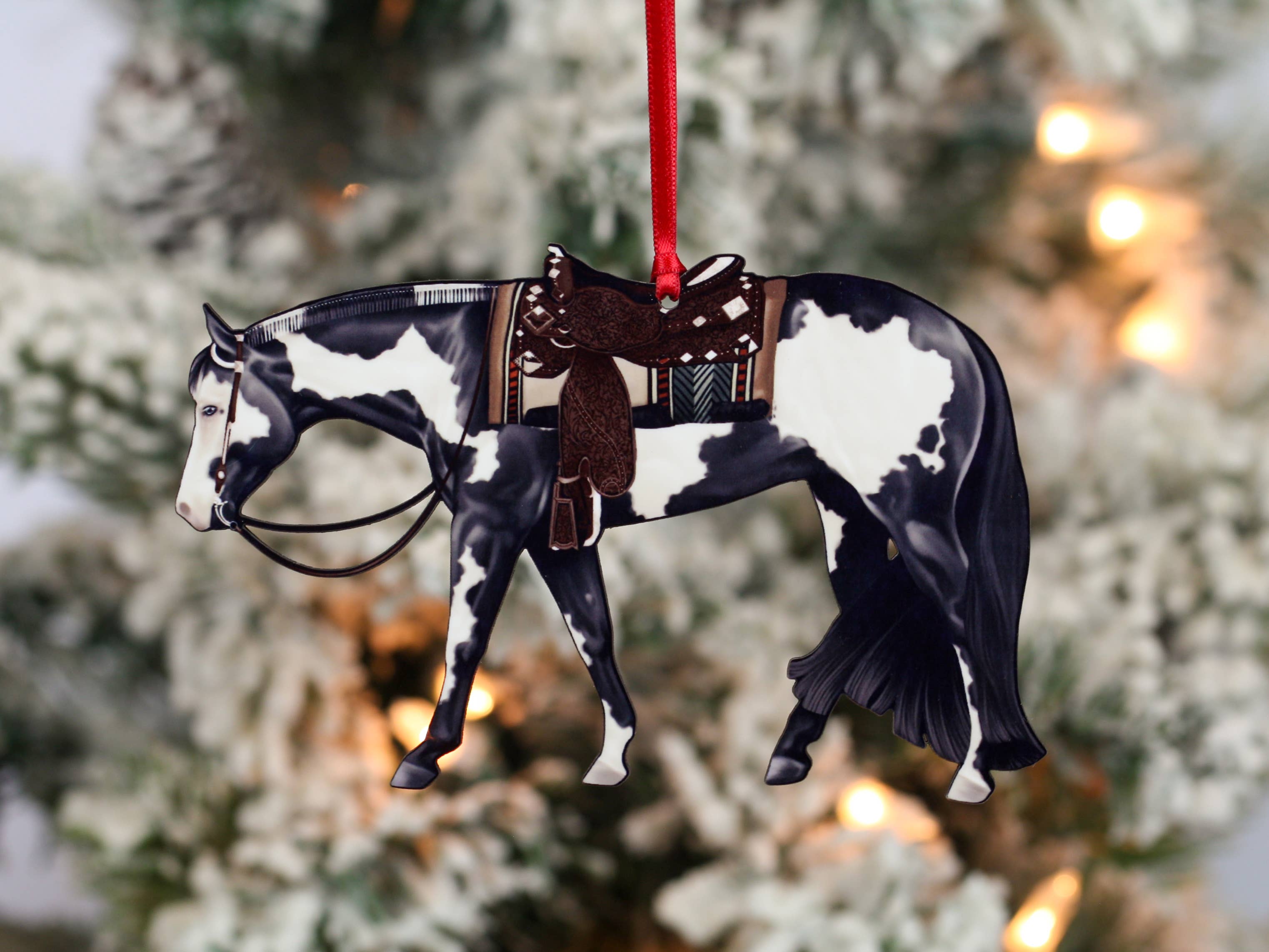 Classy Equine - Wholesale Ornament - Black Tobiano Western Pleasure Horse Ornament - Paint Horse1