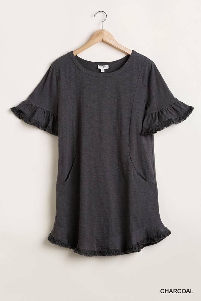 CC Wholesale Clothing - Wholesale Dress – Women's - Short Ruffle Frayed Hem and Round Neck Dress With Pockets