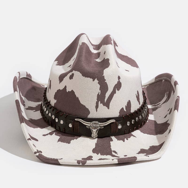 Collections by Fame Accessories - Wholesale Fedora - Women's - Western Bull Head Strap Cow Print Cowboy Hat1