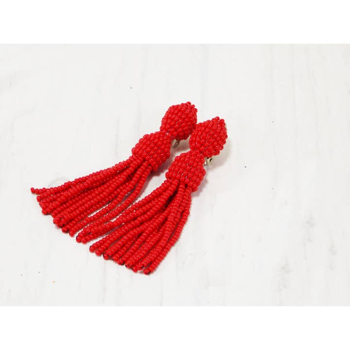 Red Statement Clip Short Tassel Earring Brincos de contas vermelhas Boho Style Tassels Drop Earrings Presente perfeito para ela Brincos de borla vermelha Férias por atacado de Ninolia