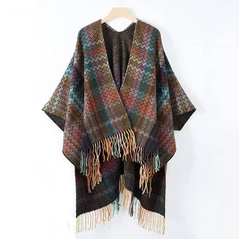Rosa Clothing - Wholesale Kimono - Women's - Bohemia Western Ethnic plaid tassel kimono Thermal Cape4
