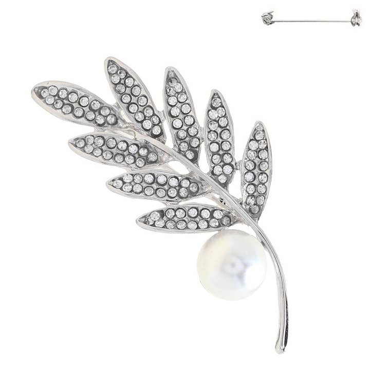 SP Sophia Collection - Wholesale Brooch - Pearl & Rhinestone Crystal Olive Branch Brooch Pin