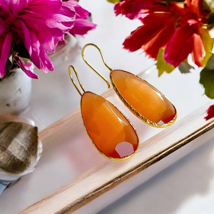 "DIAMORA 2" earrings gold-plated with natural orange Agate stone for wholesale by TOURMALYN