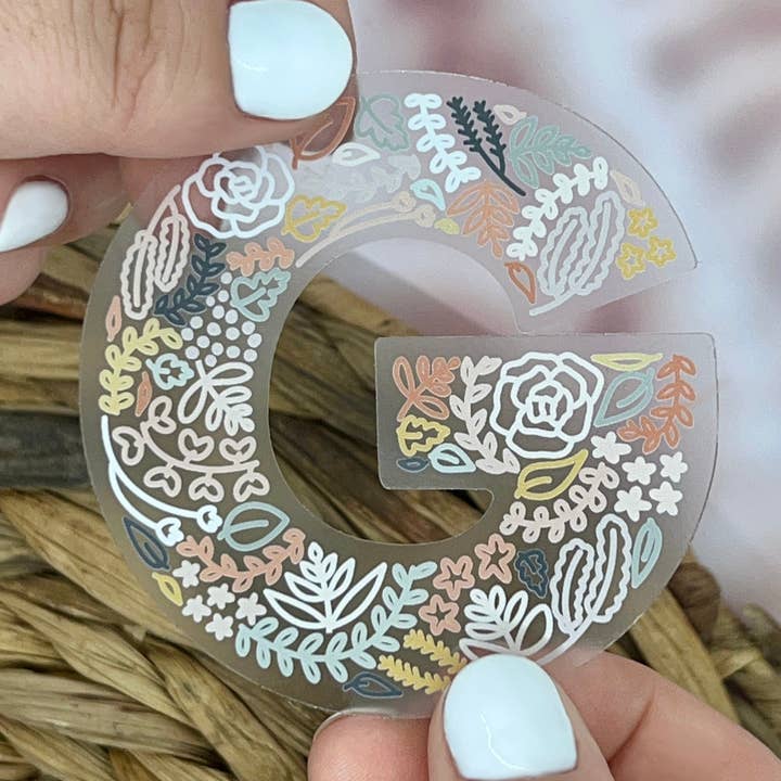 Floral G Sticker. Clear Matte Letter Sticker. Weatherproof Vinyl Sticker. for wholesale by Nolie Co
