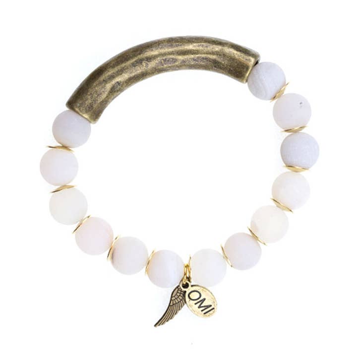 Bracelet à perles en pierre Druzy transparente mate avec barre en bronze, 10 mm pour la vente par omibeads