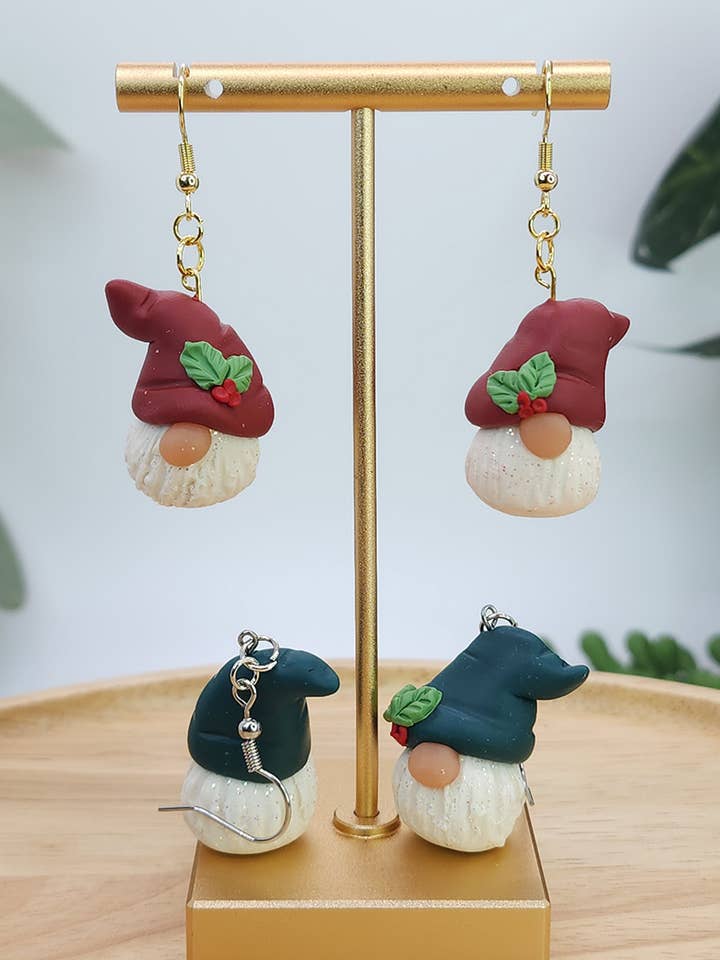3D Gnomes with Holly Earrings for wholesale by Erica Halliman Creations