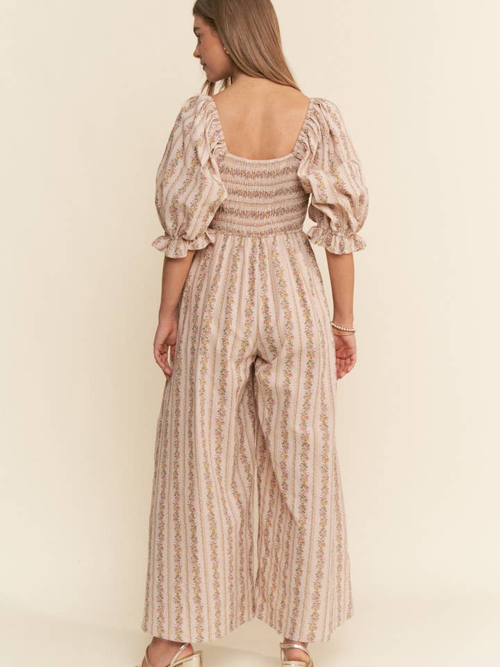 Vintage Floral Pink Stripe Flower Block Print Jumpsuit S-L for wholesale on Faire