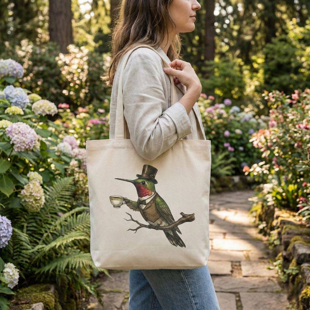 Natural Posh Hummingbird Canvas Tote Bag for wholesale on Faire1
