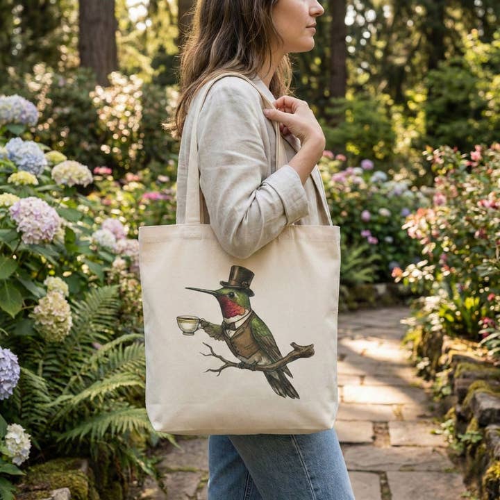 Natural Posh Hummingbird Canvas Tote Bag for wholesale on Faire1
