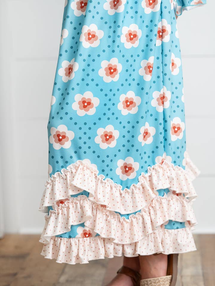 Girls Teal Dot & Floral Long Sleeve 3 Ruffle Dress for wholesale by Adorable Sweetness