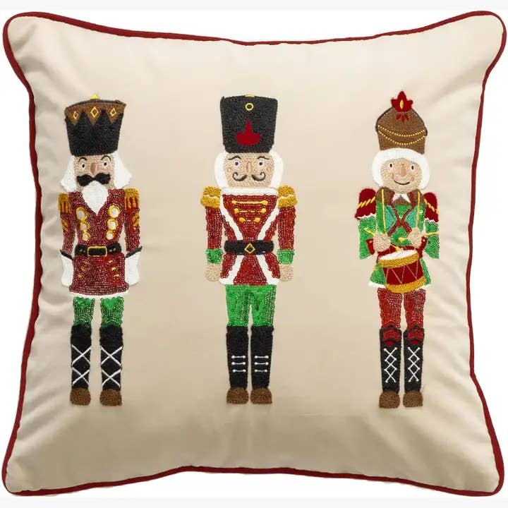 Fennco Styles - Wholesale Throw/Decorative Pillow - Ivory Embroidered Nutcrackers Velvet 18" Throw Pillow