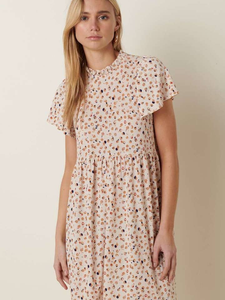 D1799A-MULTI COLOR DOT PRINT RUFFLE MINI DRESS for wholesale by mittoshop