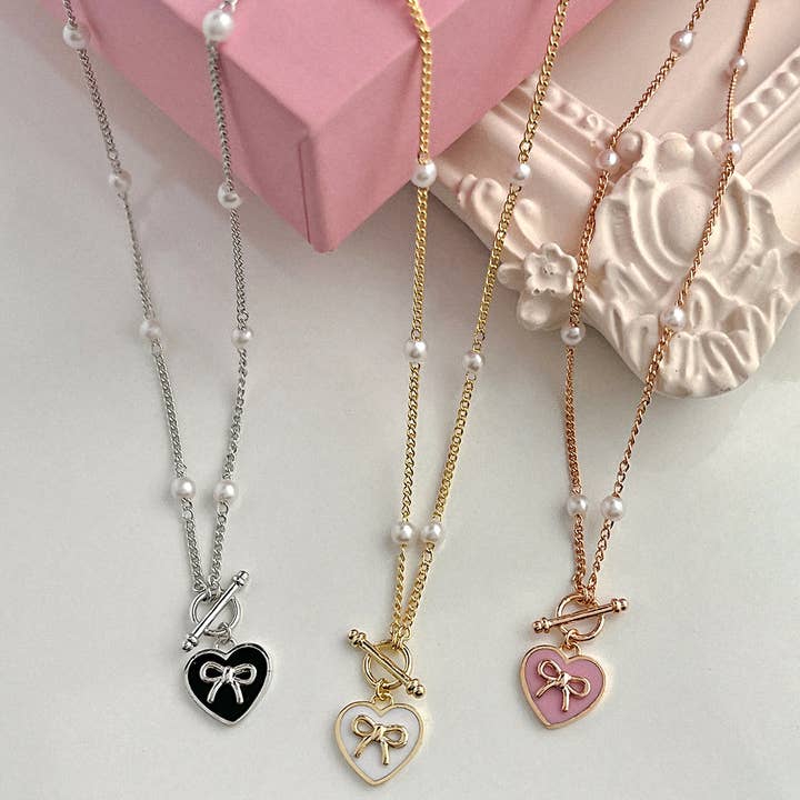 MOND HAUS - Wholesale Pendant/Charm Necklace - KOKOA Heart Charm Necklace with Ribbon and Pearl Accents