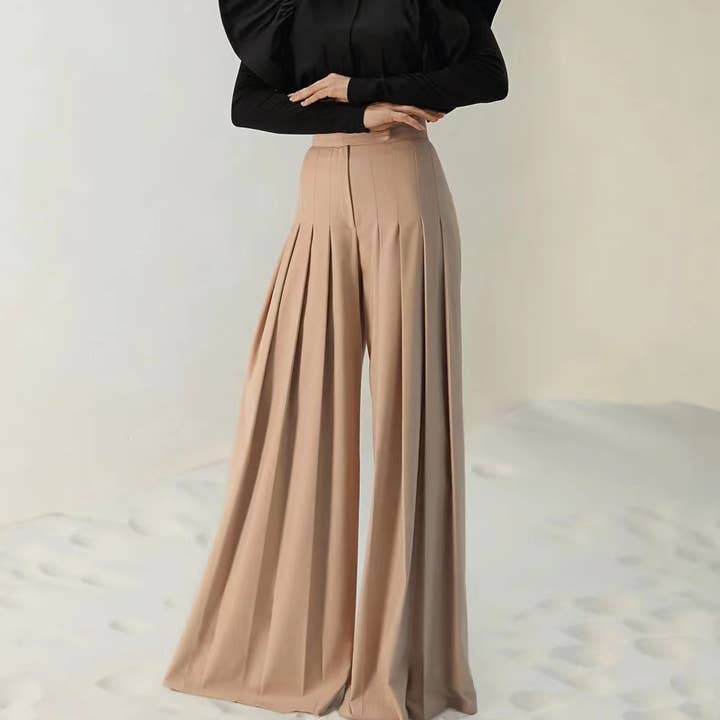 Khaki PT019 High-Waist Pleated Wide-Leg Pants - Summer Chic for wholesale on Faire