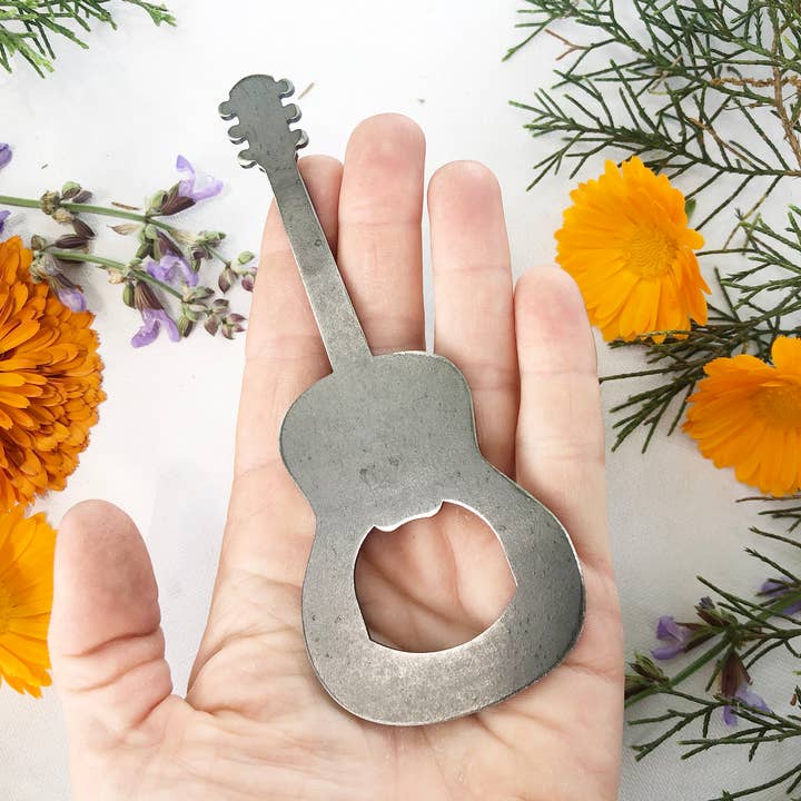 Acoustic Guitar Bottle Opener made from Recycled Raw Steel for wholesale by BE Creations & Designs, Inc.
