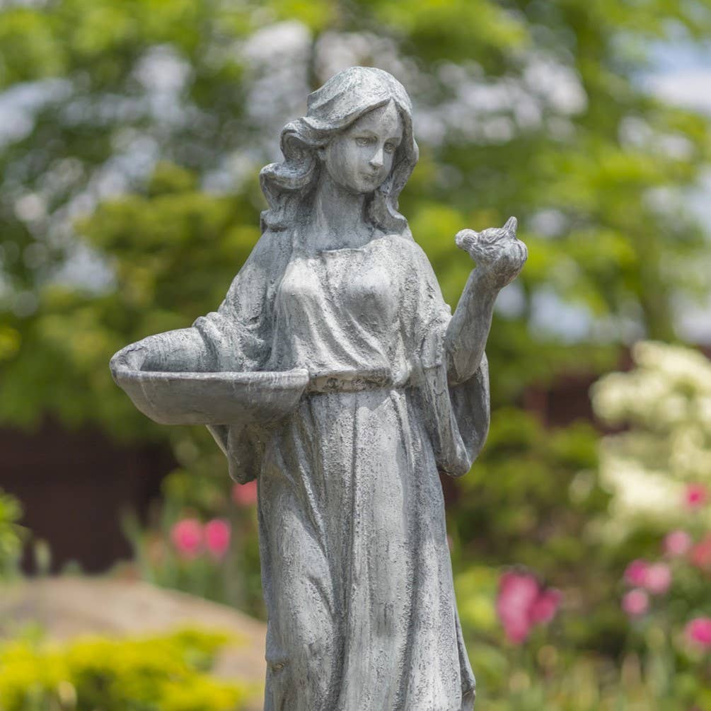 Zaer Ltd. International - Wholesale Outdoor Ornament/Decor - 38" Tall Standing Girl w/Bird "Holly" Magnesium- 2 Colors1