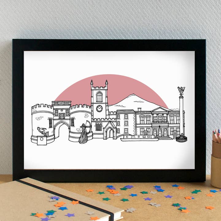 Skipton Skyline Landmarks Art Print - unframed for wholesale by Becka Griffin Illustration