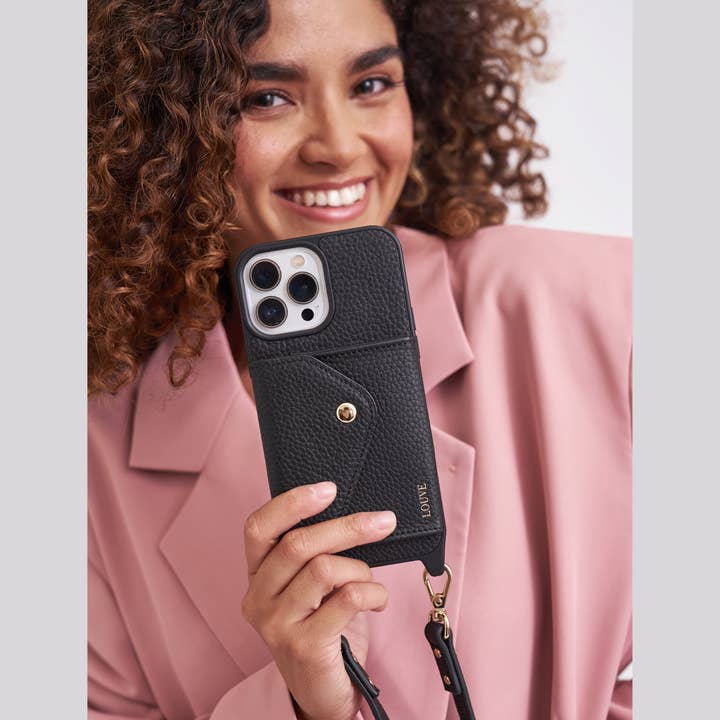 Louve Collection - Wholesale Phone wallet – women's - Zoë Black Leather Phone Case Wallet & Matching Strap22