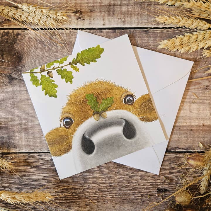 Biglietto di auguri 'Acorn Moo' vuoto all'interno per la vendita all'ingrosso da parte di Lucy's Farm