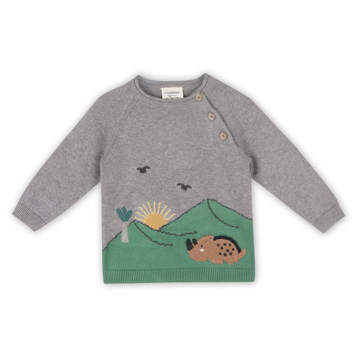 Dinosaur Jacquard Strikket Raglan Baby Sweater (økologisk bomuld) for engroshandel hos Viverano Organics
