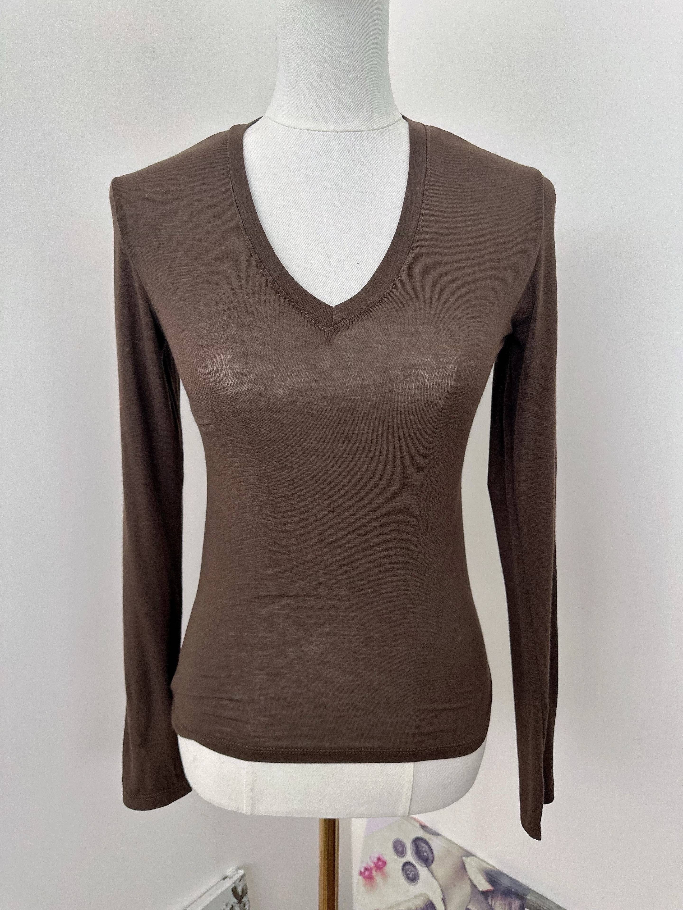 Burgundy Long-sleeve V-neck T-shirt - Brown for wholesale on Faire0