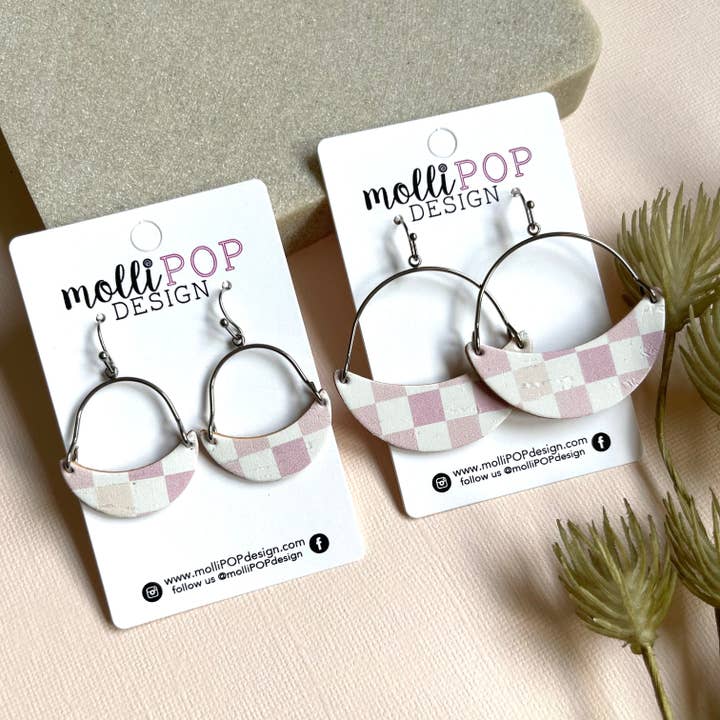 Pink and White Checkered Half Moon Earrings for wholesale by molliPOP Design