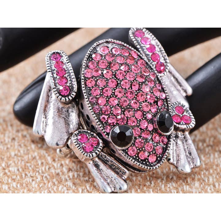 AK Brand - Wholesale Cocktail/Statement Ring - Silver Fuchsia Pink Funny Cartoon Leaping Frog Toad Ring