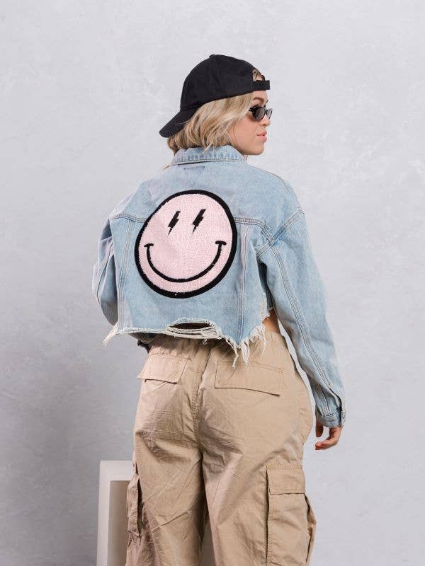 Trio Urban - Vente Veste en jean – femme - Veste courte en jean rose Smiley Face6