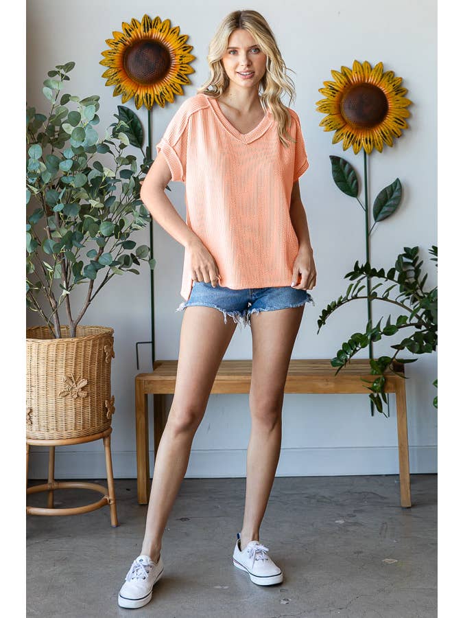 7th Ray - Wholesale Knit Top - Women's - V-Neck Solid Twist Rib Women's Knit Top T5545XL