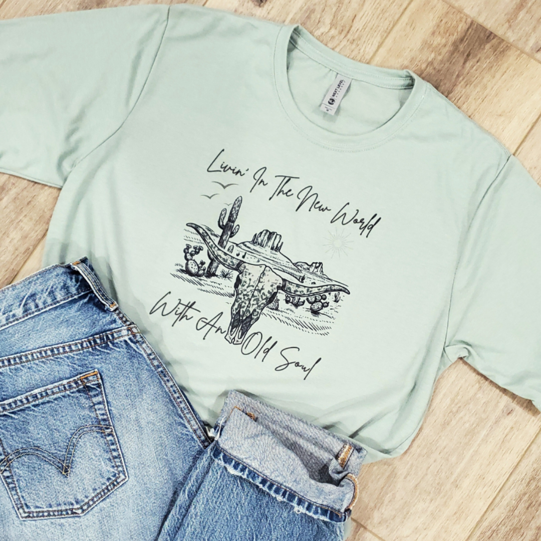 Funk Town Tees - Wholesale T-Shirt (Graphic) - Women's - Living in The New World With an Old Soul Graphic Tee0