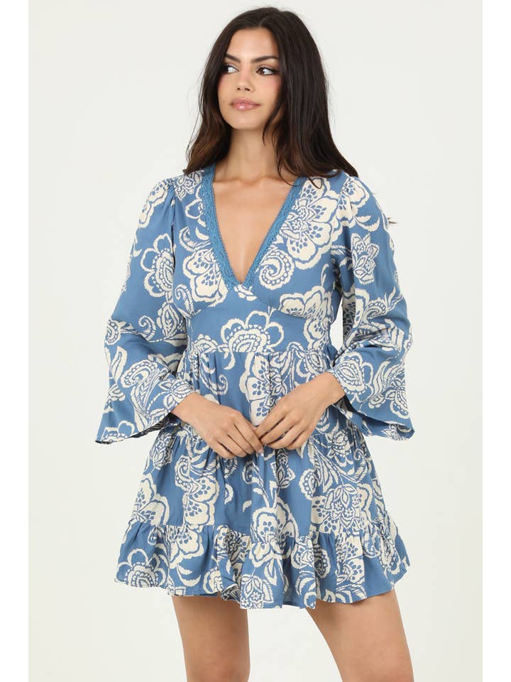 ANGIE – wholesale Dress – Women's – C4B15-A888 V NECK LACE TRIM FLARE SLEEVE DRESS1