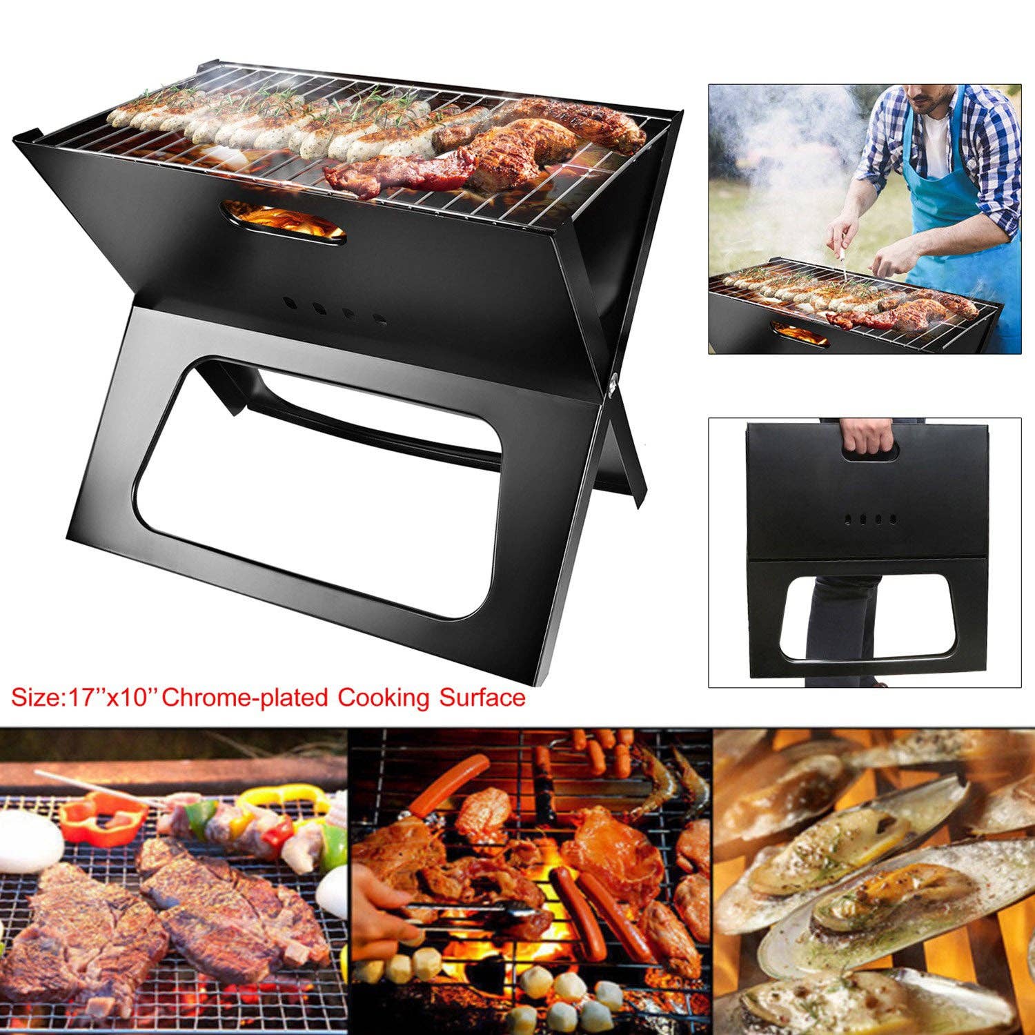 Black Portable BBQ Barbecue Grill Foldable Charcoal Grill Camping Garden Outdoor Travel for wholesale on Faire6