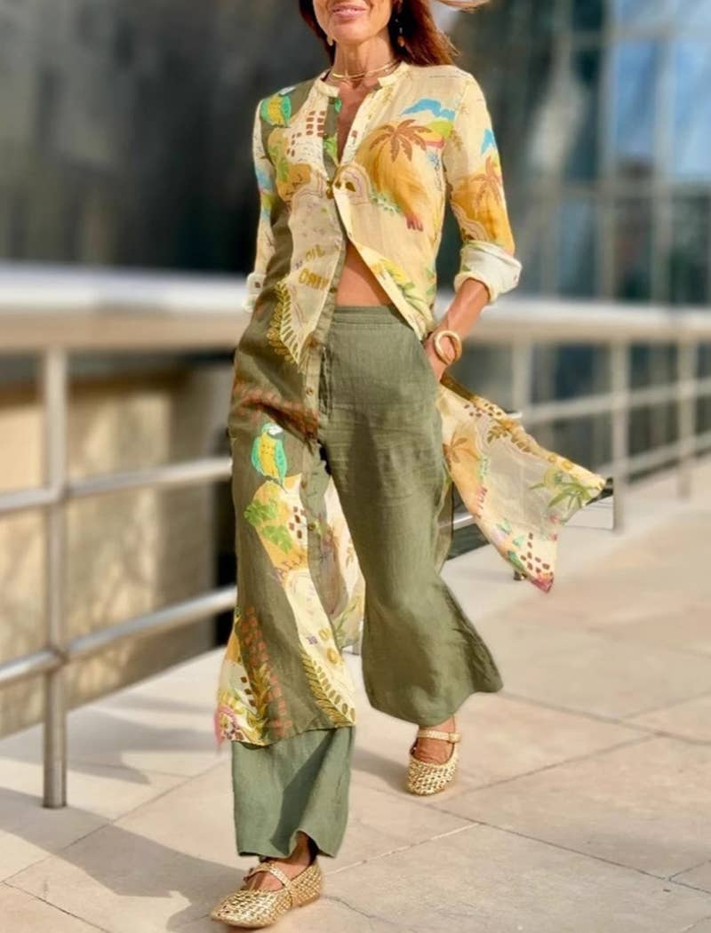 FLOWERY Leaf Print Longline Top with Flared Pants for wholesale on Faire2