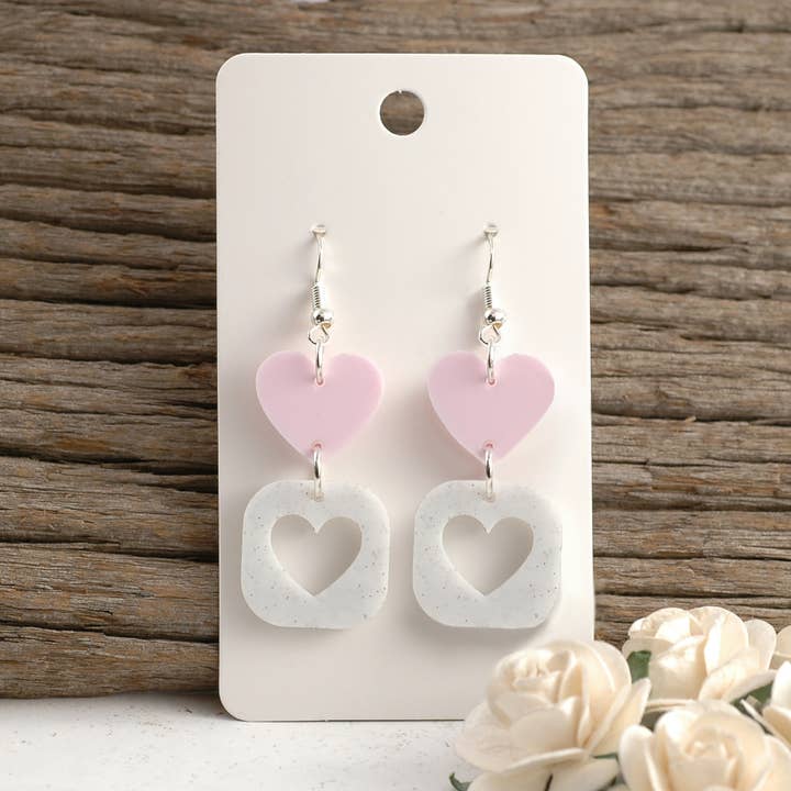 Valentine Heart Earrings | Pink White Dangle Post Acrylic for wholesale by Rocky Mountain Shops