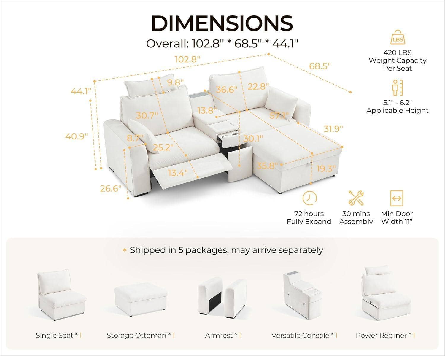 102.8 Inch White Chenille Power Recliner Sofa With Headrest Storage USB Table Wall Hugger for wholesale on Faire1