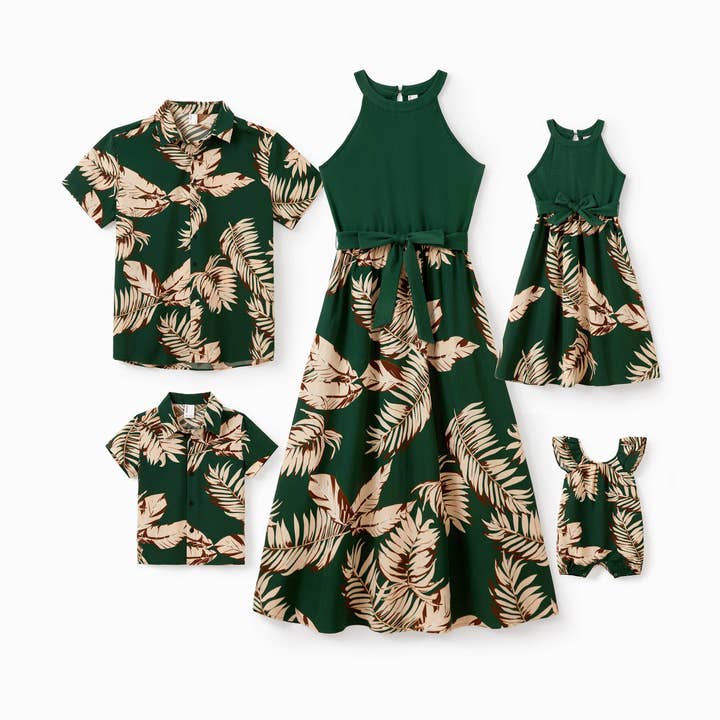 Vert Foncé Ensemble de vêtements de vacances hawaïens assortis pour la famille en vert tropical en vente sur Faire